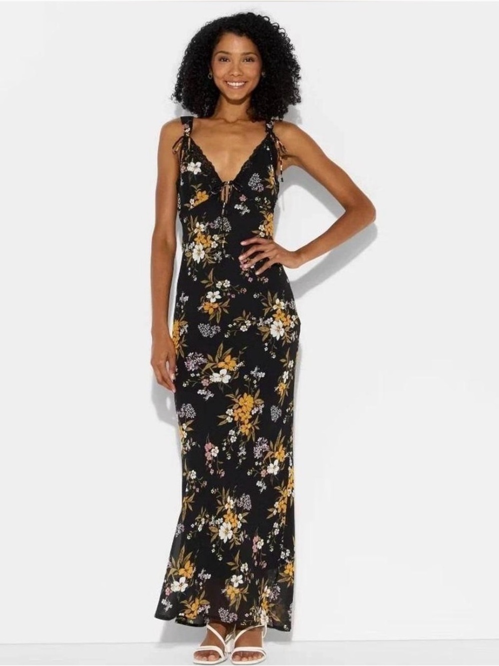 NWT Women’s Wild Fable Black Floral Lace-Trim Maxi Dress Plunging V-Neck M